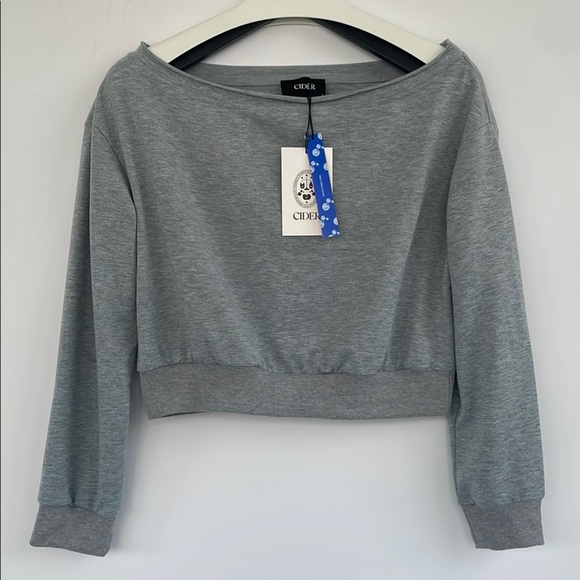 Cider Grey Asymmetrical Neck Long Sleeve Crop Top  Sweater Small - Picture 3 of 15